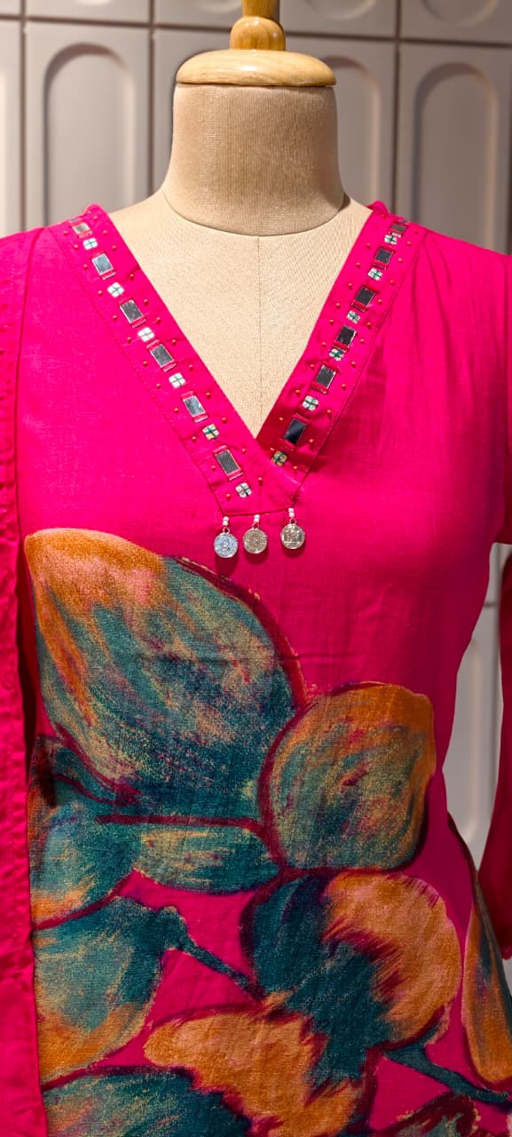 Giant Petal Print Real Mirror Neck Line Coin Tassel Accent Linen Full Suit Set With Dupatta- 14443  RB292