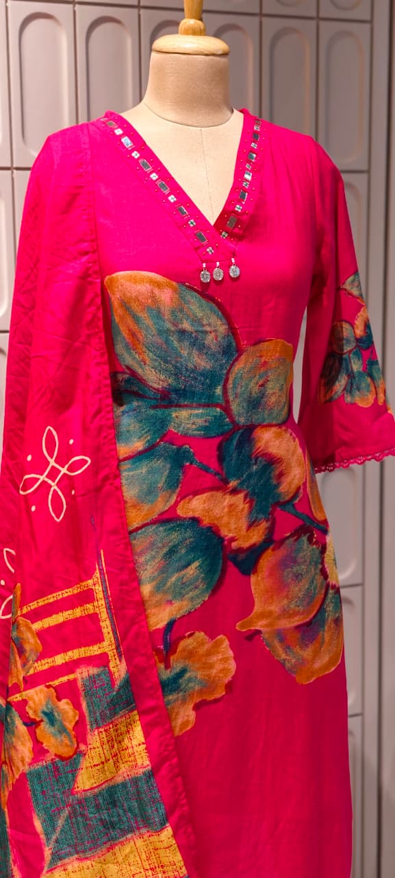 Giant Petal Print Real Mirror Neck Line Coin Tassel Accent Linen Full Suit Set With Dupatta- 14443  RB292