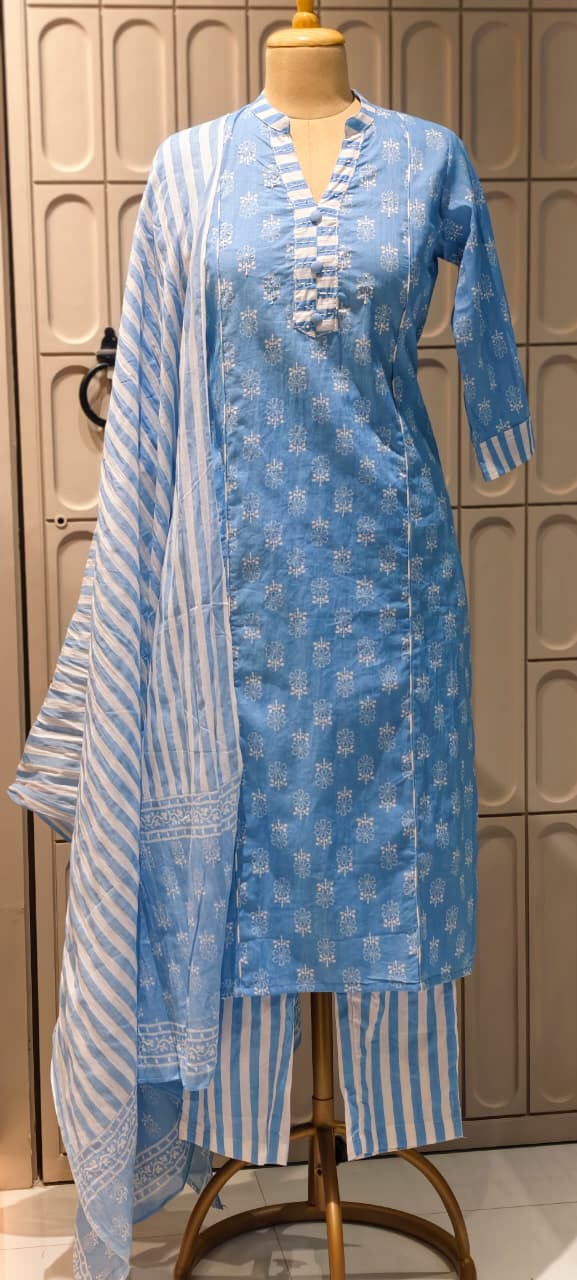 Elegant Handloom Cotton Striped Bottom & Dupatta With Floral Printed Full Suit-14504 RB294