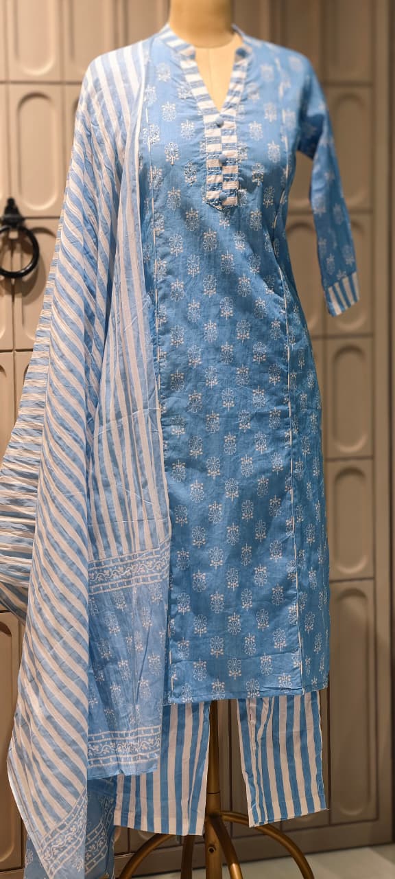 Elegant Handloom Cotton Striped Bottom & Dupatta With Floral Printed Full Suit-14504 RB294