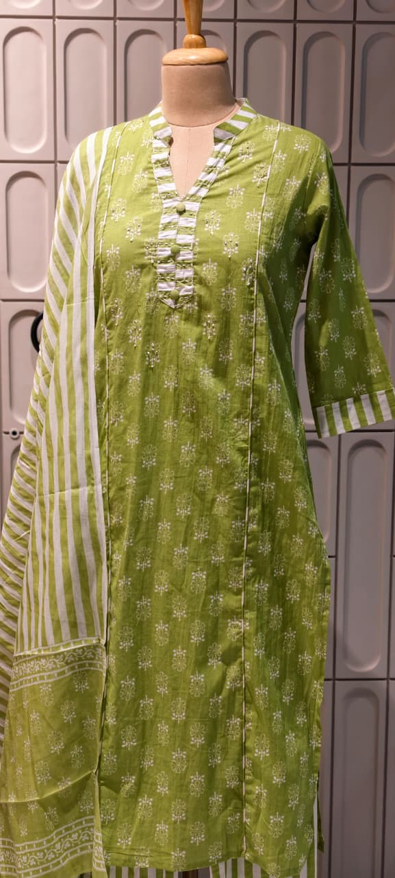 Elegant Handloom Cotton Striped Bottom & Dupatta With Floral Printed Full Suit-14504 RB294