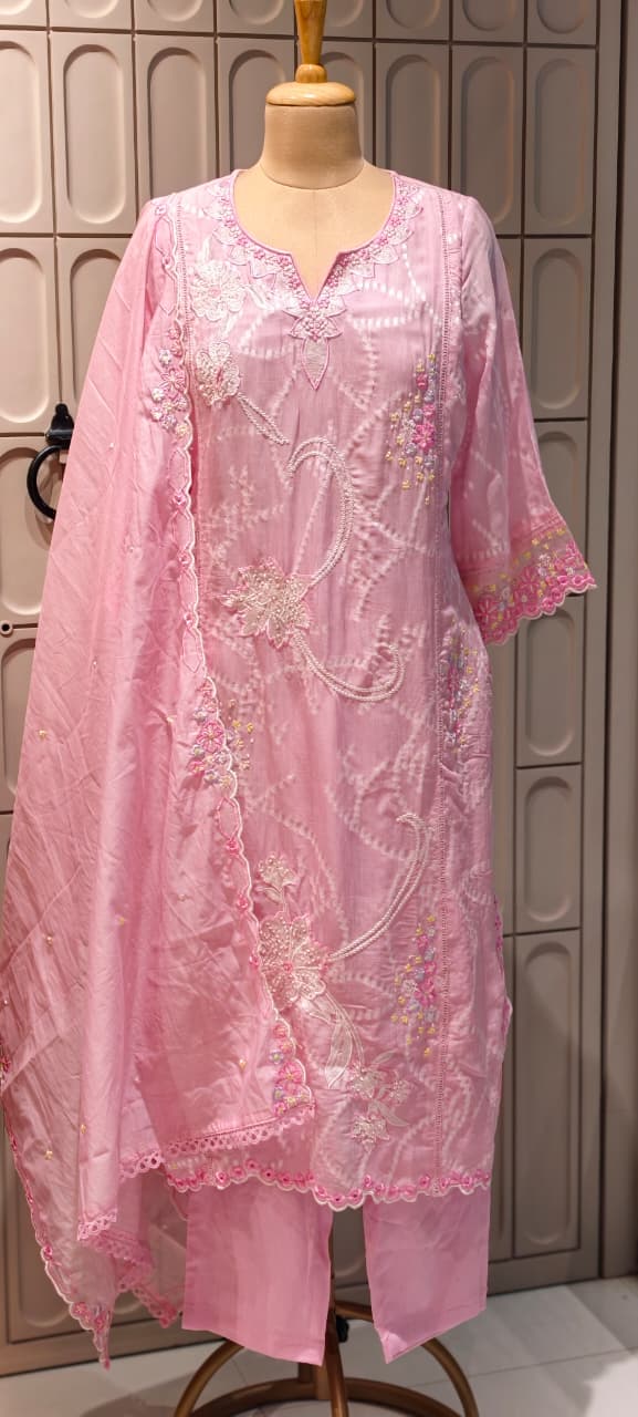 Floral Thread Embroidery With Sequin Detailimg Upwork Surat Mul Chanderi Full Suit Set With Dupatta- 14499 RB297