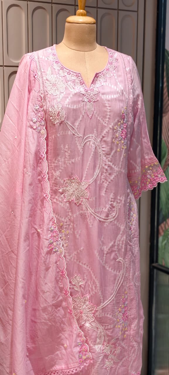 Floral Thread Embroidery With Sequin Detailimg Upwork Surat Mul Chanderi Full Suit Set With Dupatta- 14499 RB297
