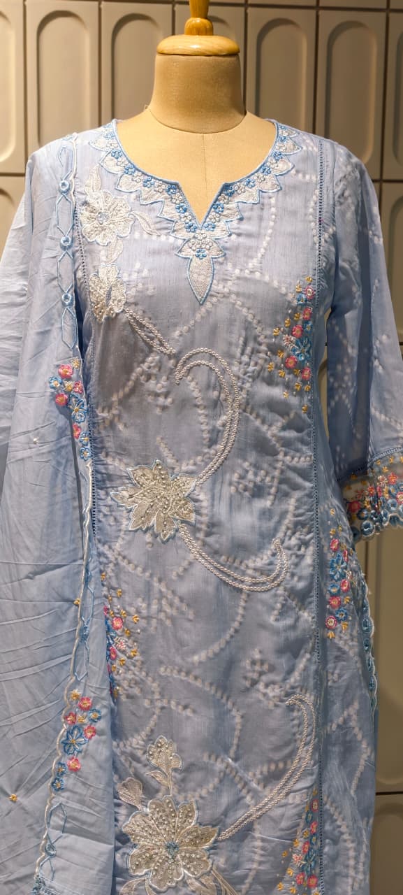Floral Thread Embroidery With Sequin Detailimg Upwork Surat Mul Chanderi Full Suit Set With Dupatta- 14499 RB297