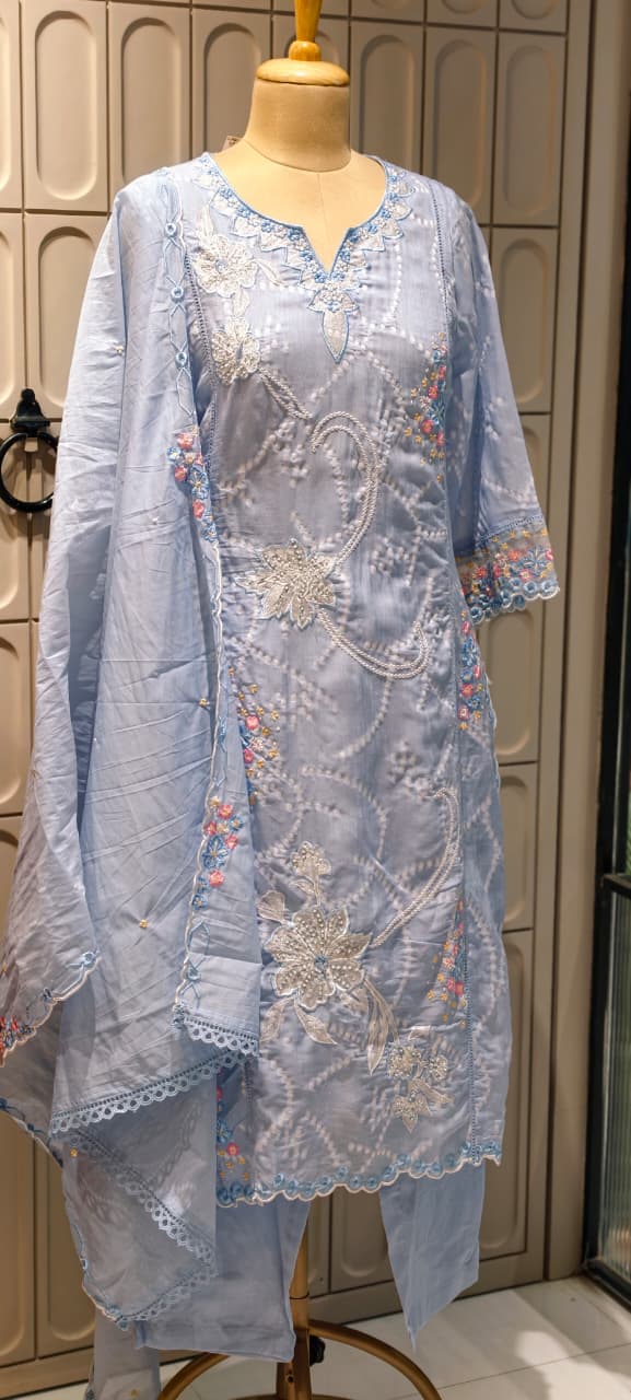 Floral Thread Embroidery With Sequin Detailimg Upwork Surat Mul Chanderi Full Suit Set With Dupatta- 14499 RB297