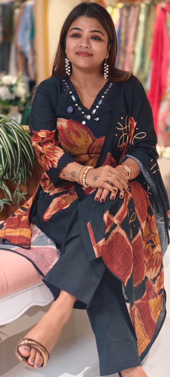 Giant Petal Print Real Mirror Neck Line Coin Tassel Accent Linen Full Suit Set With Dupatta- 14443  RB292