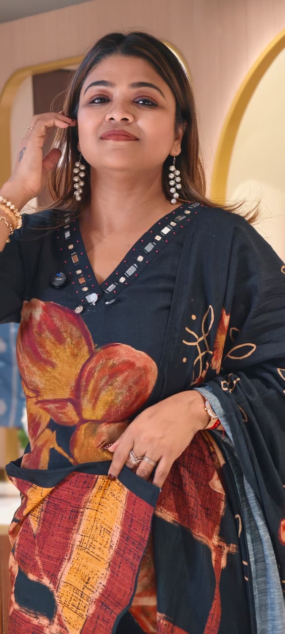 Giant Petal Print Real Mirror Neck Line Coin Tassel Accent Linen Full Suit Set With Dupatta- 14443  RB292