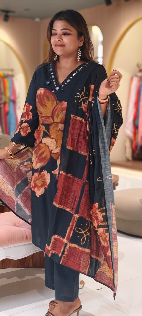 Giant Petal Print Real Mirror Neck Line Coin Tassel Accent Linen Full Suit Set With Dupatta- 14443  RB292