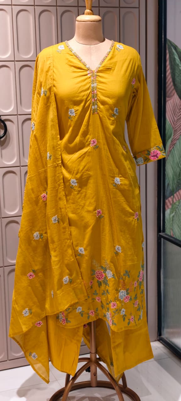 Placement Floral Fine Intricate Embroidery Solid Cotton Full Suit Set With Dupatta- 14470 RB293