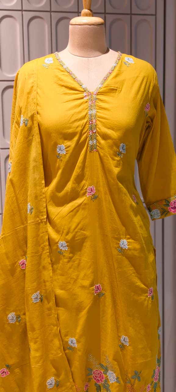 Placement Floral Fine Intricate Embroidery Solid Cotton Full Suit Set With Dupatta- 14470 RB293