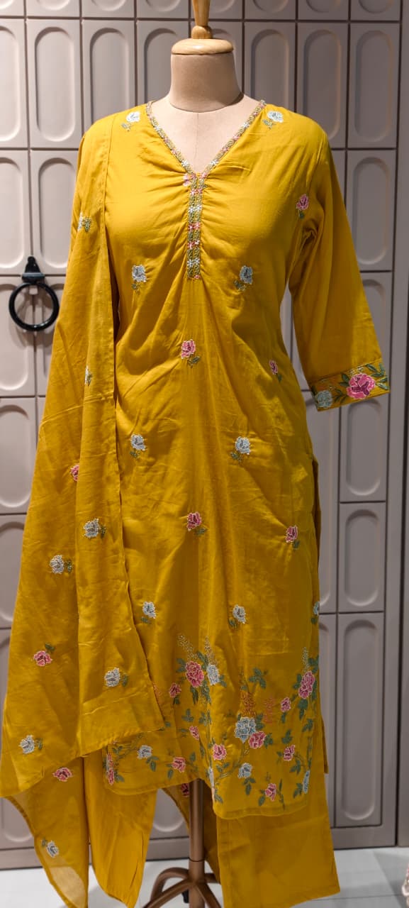 Placement Floral Fine Intricate Embroidery Solid Cotton Full Suit Set With Dupatta- 14470 RB293