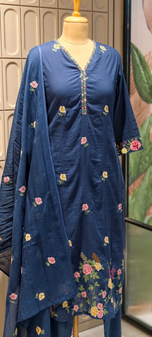 Placement Floral Fine Intricate Embroidery Solid Cotton Full Suit Set With Dupatta- 14470 RB293