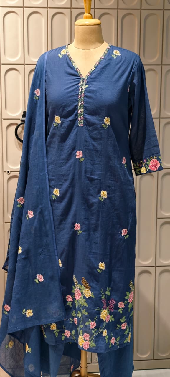 Placement Floral Fine Intricate Embroidery Solid Cotton Full Suit Set With Dupatta- 14470 RB293