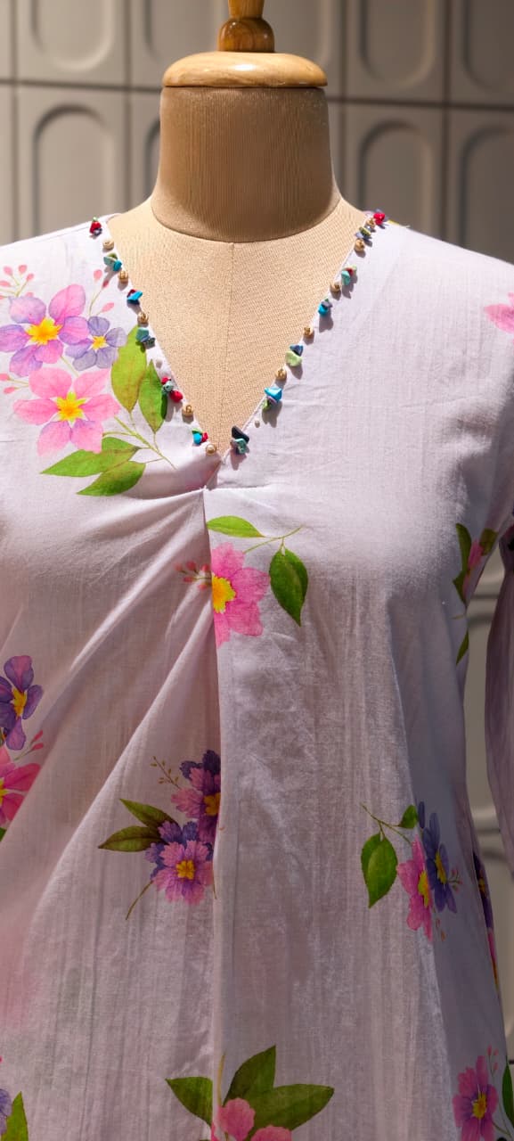 Pastel Lavender A-Line Soft Cotton Floral Printed Kurta with Beaded Neckline And Loose Bottom-14491  RB289