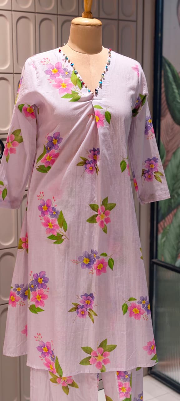 Pastel Lavender A-Line Soft Cotton Floral Printed Kurta with Beaded Neckline And Loose Bottom-14491  RB289