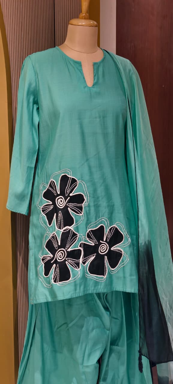 Floral Phased Patch Look Embroidered Work Full Suit Set With Farsi Bottom & Dupatta- 14467