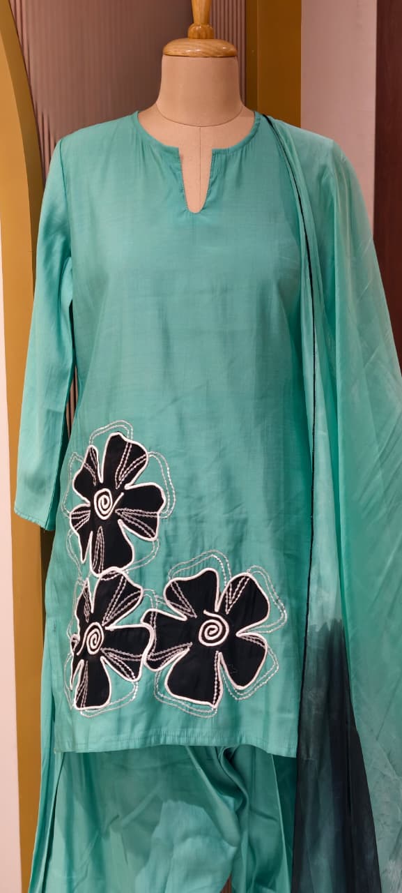 Floral Phased Patch Look Embroidered Work Full Suit Set With Farsi Bottom & Dupatta- 14467