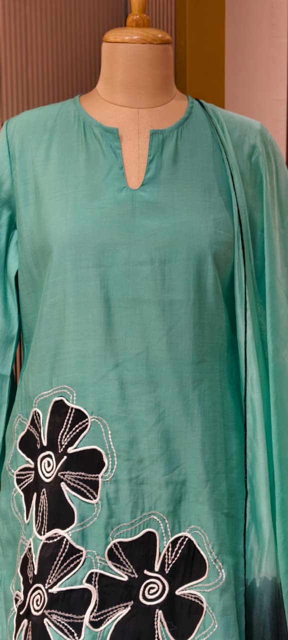Floral Phased Patch Look Embroidered Work Full Suit Set With Farsi Bottom & Dupatta- 14467