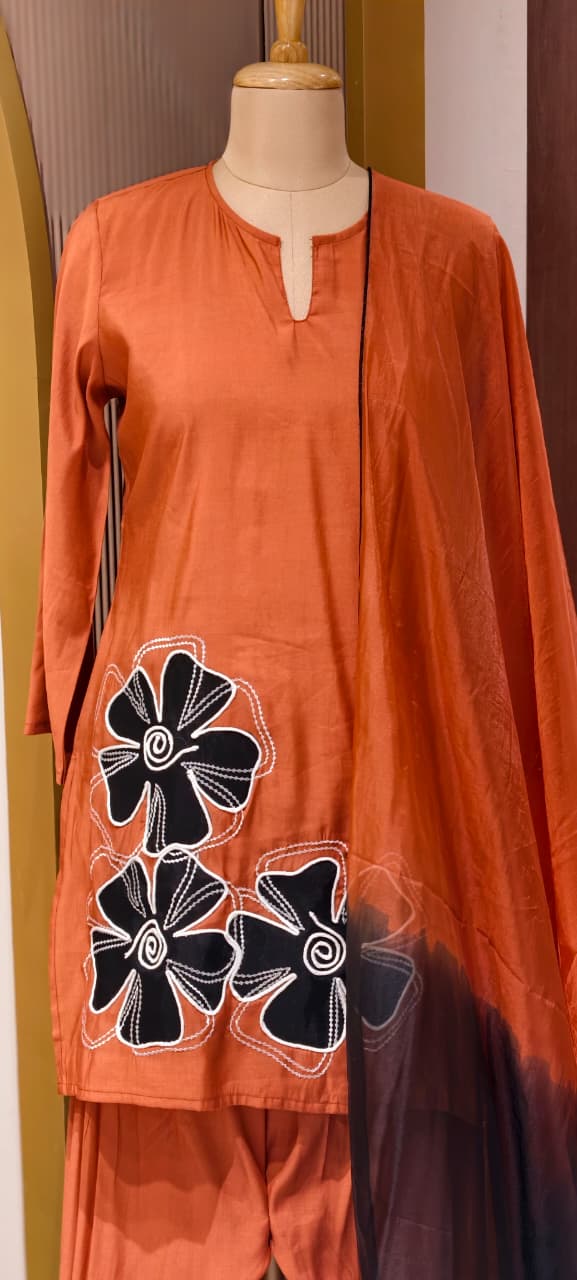 Floral Phased Patch Look Embroidered Work Full Suit Set With Farsi Bottom & Dupatta- 14467