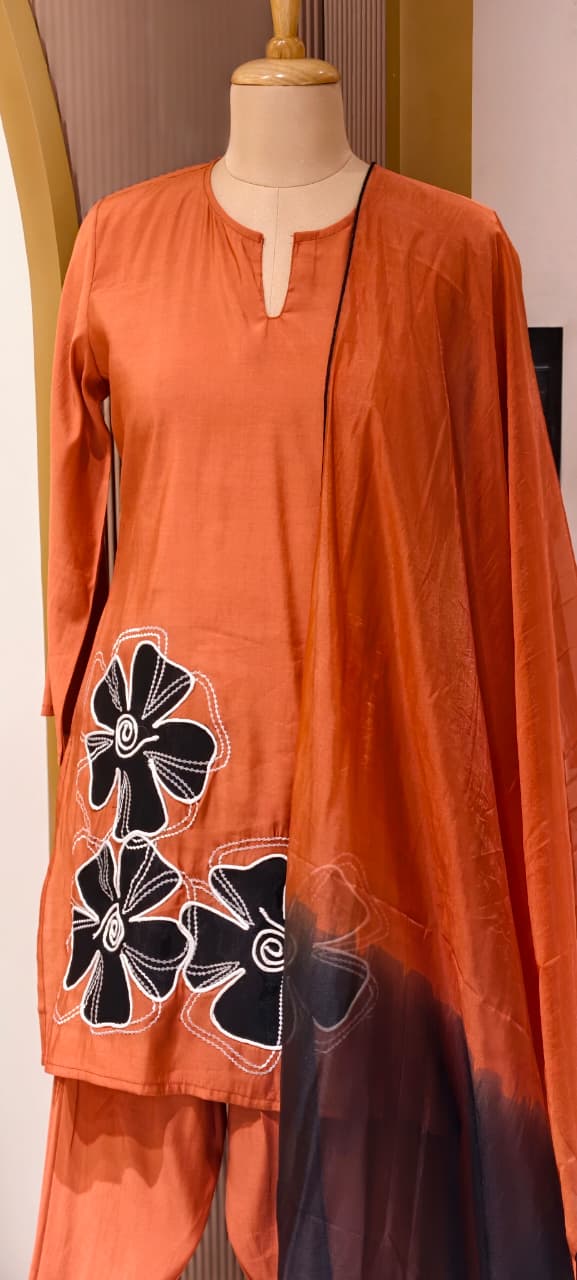 Floral Phased Patch Look Embroidered Work Full Suit Set With Farsi Bottom & Dupatta- 14467