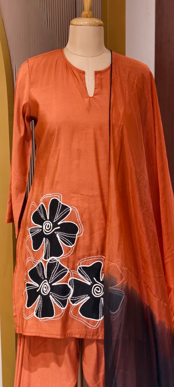 Floral Phased Patch Look Embroidered Work Full Suit Set With Farsi Bottom & Dupatta- 14467