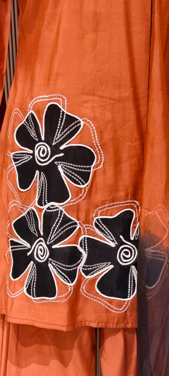 Floral Phased Patch Look Embroidered Work Full Suit Set With Farsi Bottom & Dupatta- 14467