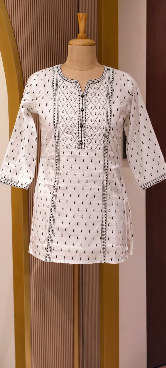 Black & White Inspired Tiny Mango Buti Printed Cotton Short Kurti Only- 14512 RB301