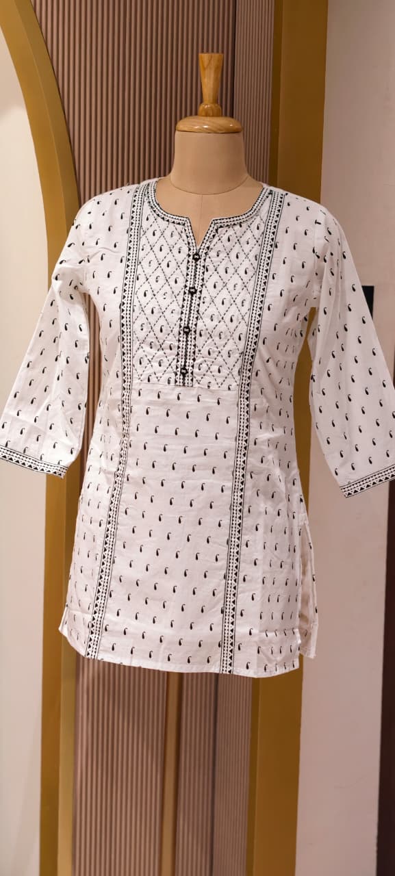 Black & White Inspired Tiny Mango Buti Printed Cotton Short Kurti Only- 14512 RB301