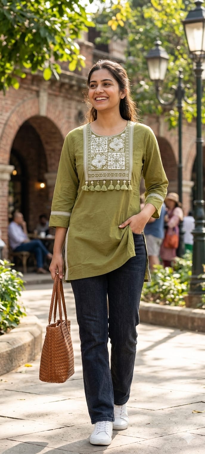 Solid Shade Tassel Accent Embroidered Yoke Cotton Short Kurti Only- 14510 RB302