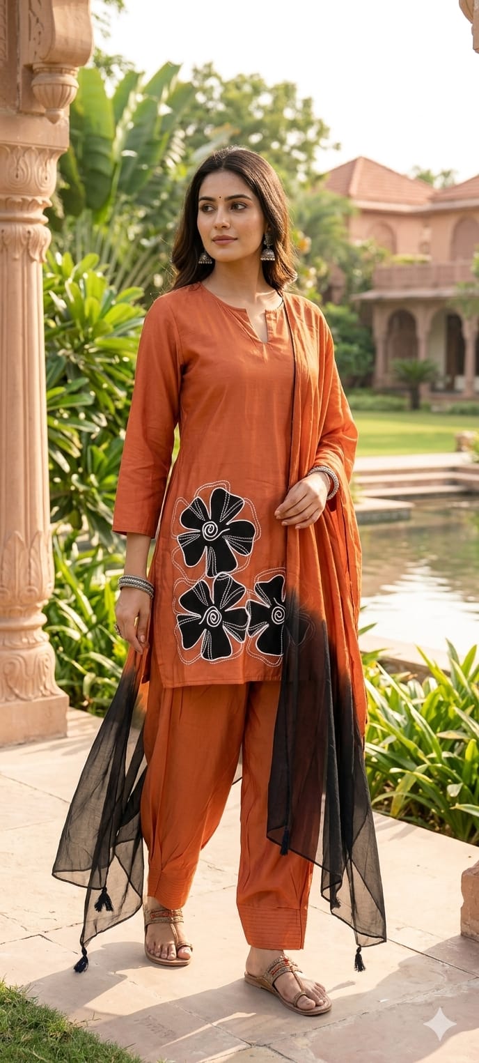 Floral Phased Patch Look Embroidered Work Full Suit Set With Farsi Bottom & Dupatta- 14467