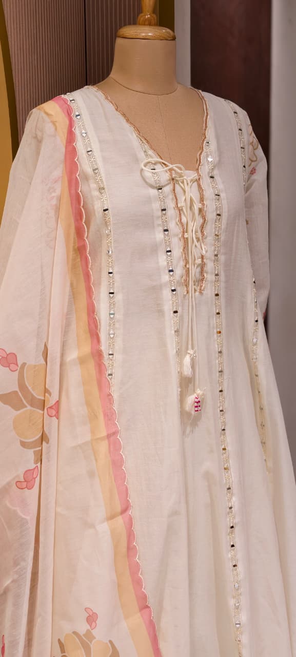 Nord Accent Real Mirror With Thread Upwork Surat Mul Chanderi Panel A-Line Full Suit Set With Dupatta- 14498 RB323