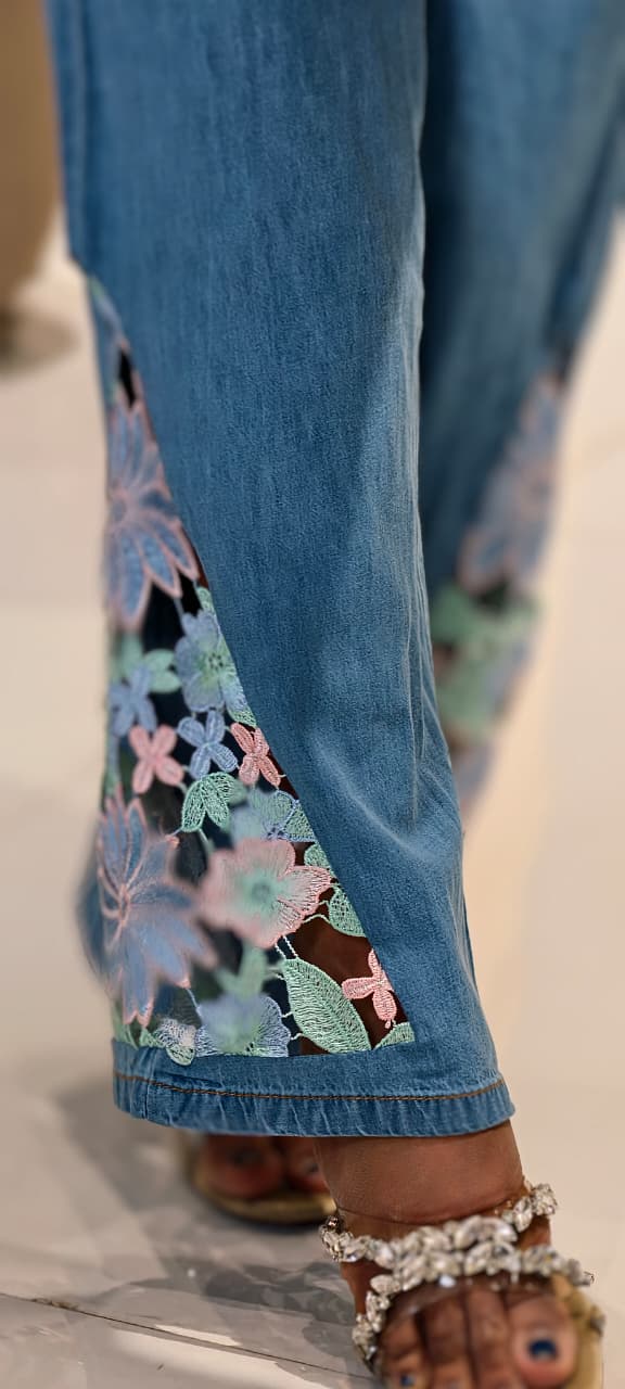 Boho-Chic Denim Co-ord Set with Pastel Floral Lace Appliqué- 14517 (LEAN FIT) RB312
