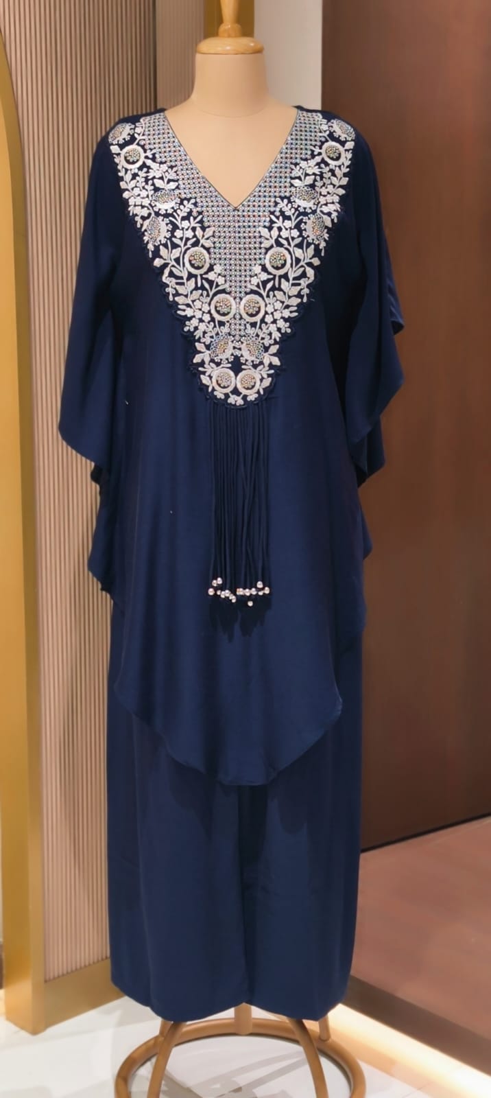 Chic Dark Shaded Embroidered Kaftan Tunic with Beaded Tassels & Bottom- 14518 RB316