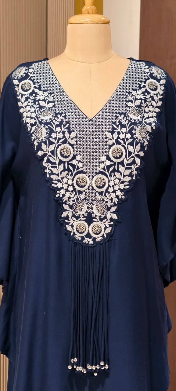 Chic Dark Shaded Embroidered Kaftan Tunic with Beaded Tassels & Bottom- 14518 RB316