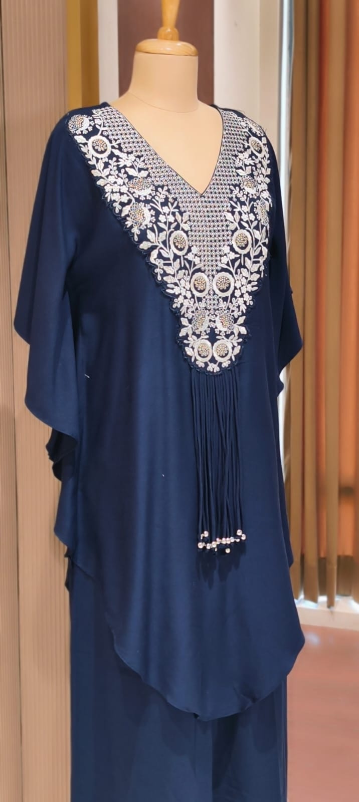 Chic Dark Shaded Embroidered Kaftan Tunic with Beaded Tassels & Bottom- 14518 RB316