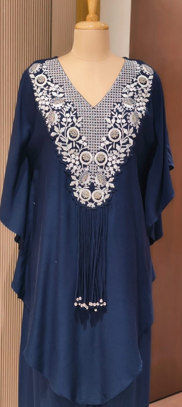 Chic Dark Shaded Embroidered Kaftan Tunic with Beaded Tassels & Bottom- 14518 RB316
