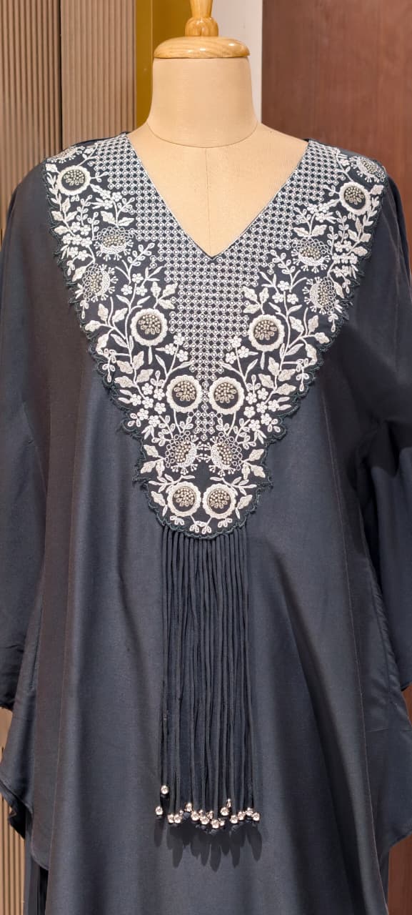 Chic Dark Shaded Embroidered Kaftan Tunic with Beaded Tassels & Bottom- 14518 RB316