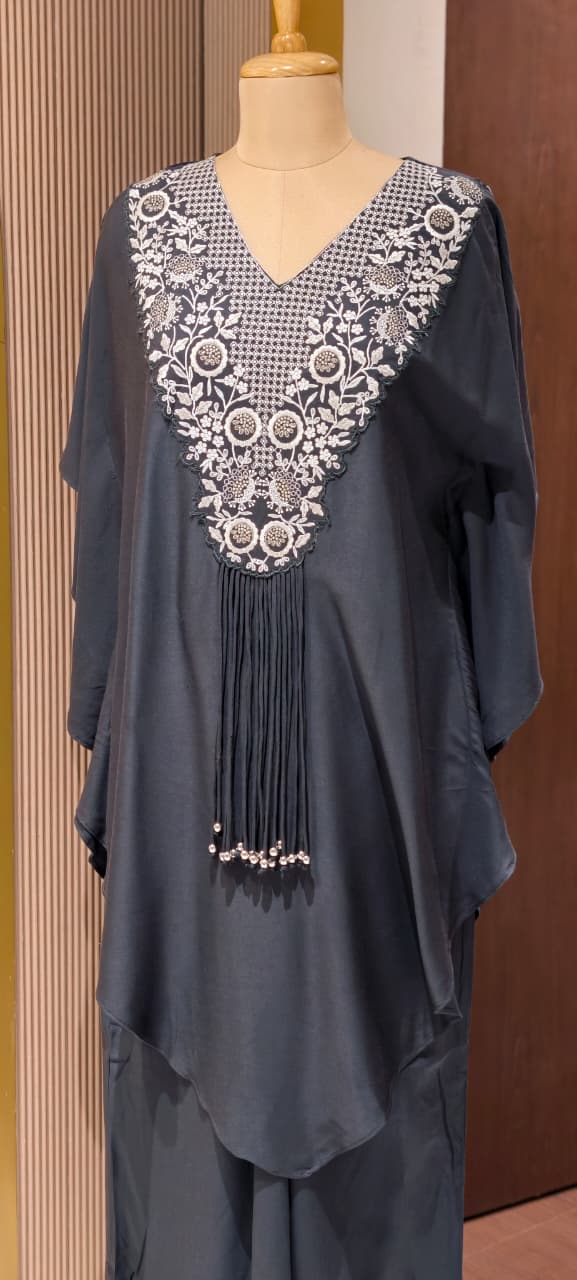 Chic Dark Shaded Embroidered Kaftan Tunic with Beaded Tassels & Bottom- 14518 RB316