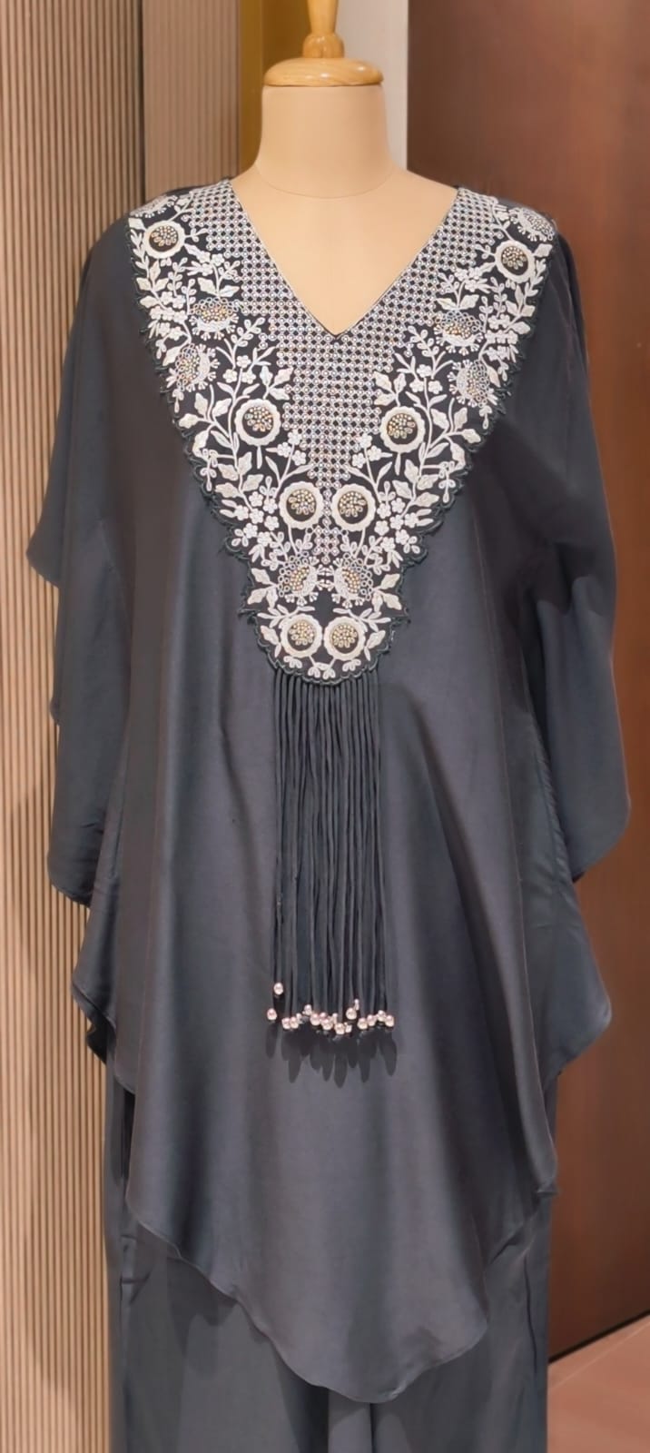 Chic Dark Shaded Embroidered Kaftan Tunic with Beaded Tassels & Bottom- 14518 RB316