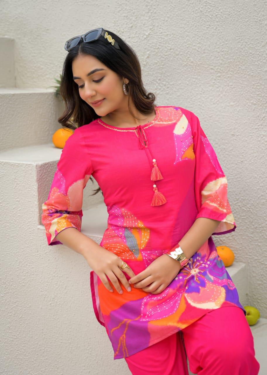 Vibrant Floral Print Minimal Sequin Neck Line With Tassel Accent Cotton Co-Ord Set- 14509 RB317