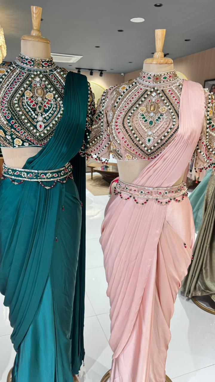 Elegant Pre-Draped Partywear Luxury Hand-Embroidered Designer Saree with Heavy Stone & Zardosi Work Blouse- 14525 RB349