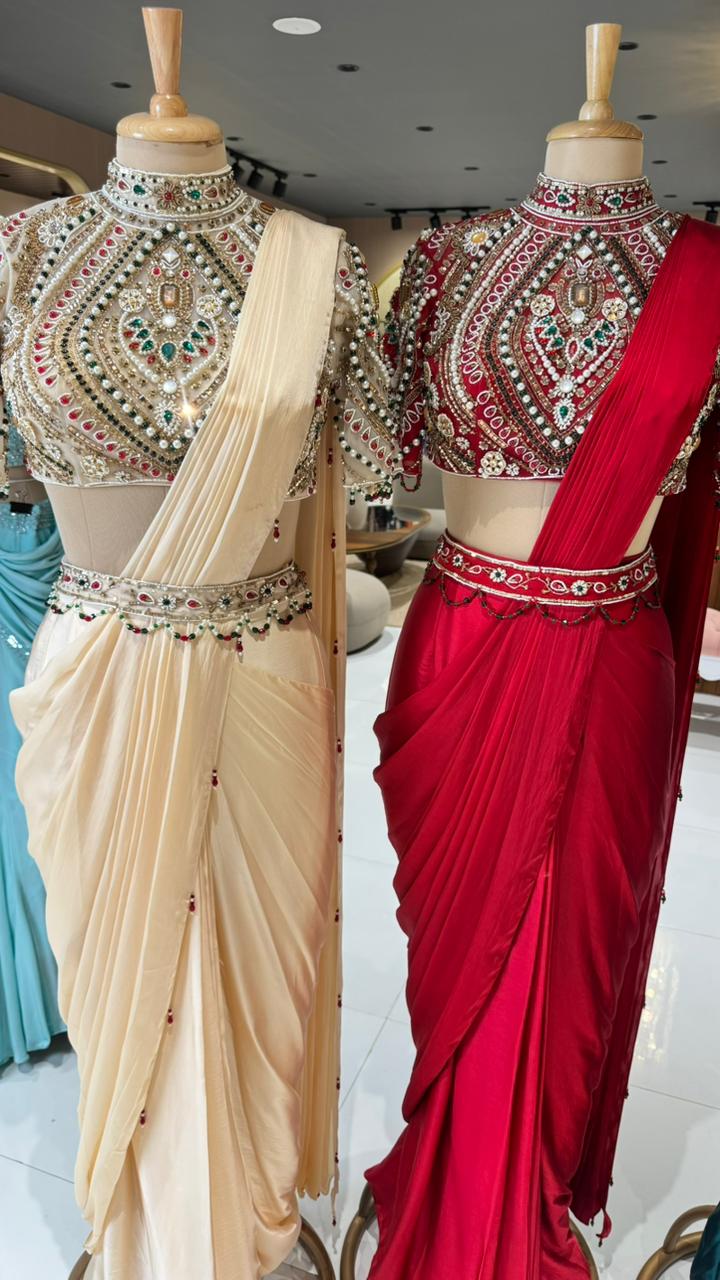 Elegant Pre-Draped Partywear Luxury Hand-Embroidered Designer Saree with Heavy Stone & Zardosi Work Blouse- 14525 RB349