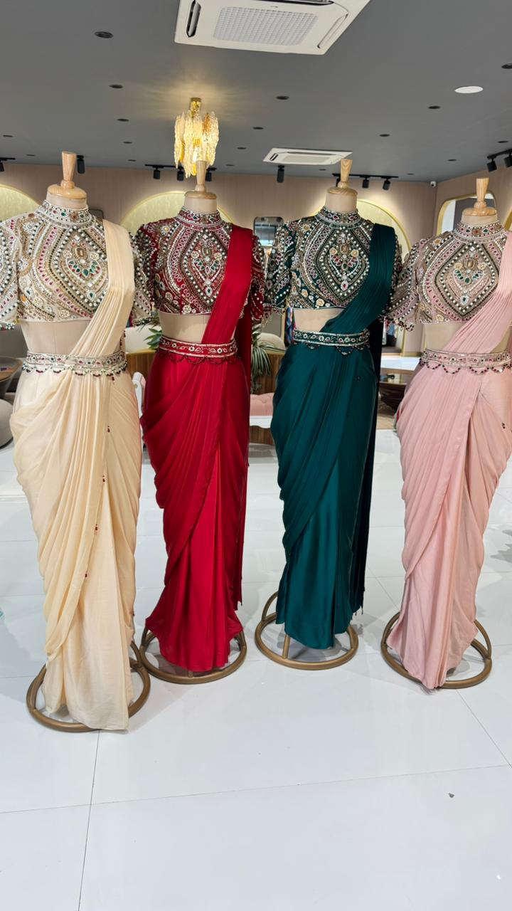 Elegant Pre-Draped Partywear Luxury Hand-Embroidered Designer Saree with Heavy Stone & Zardosi Work Blouse- 14525 RB349