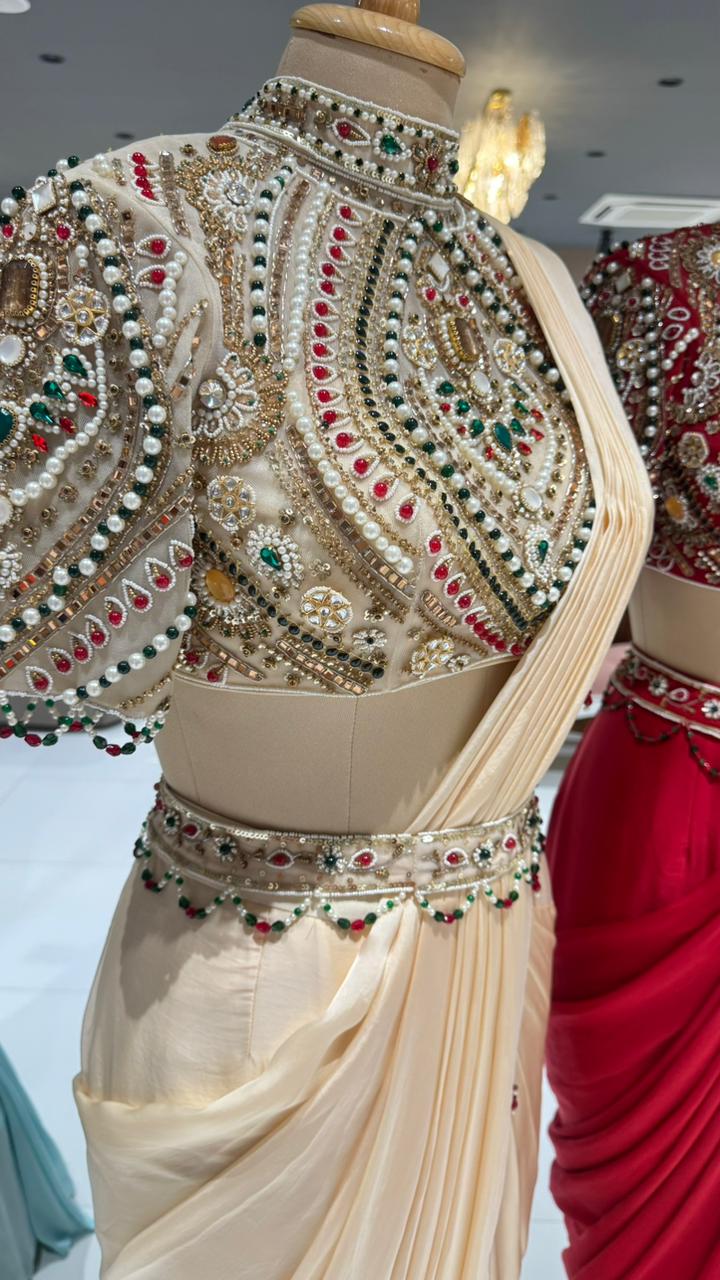 Elegant Pre-Draped Partywear Luxury Hand-Embroidered Designer Saree with Heavy Stone & Zardosi Work Blouse- 14525 RB349