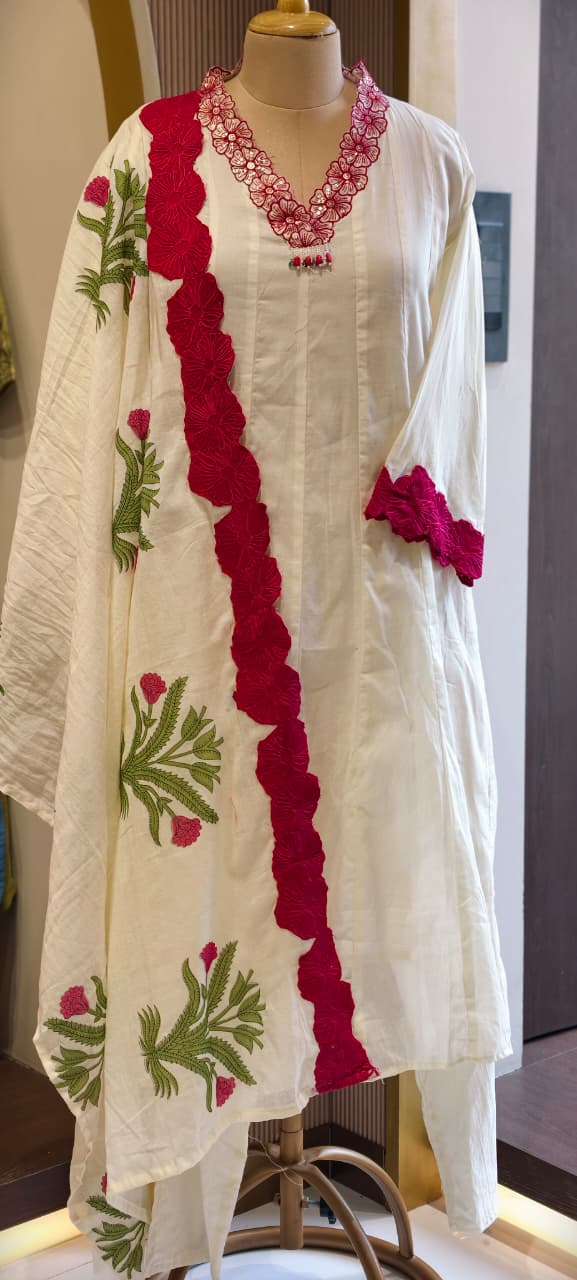 Premium Floral Embroidered Mul-Cotton Panel Anarkali Full Suit Set with Statement Lace Detailing & One Sided Applique Dupatta- 14553 RB336