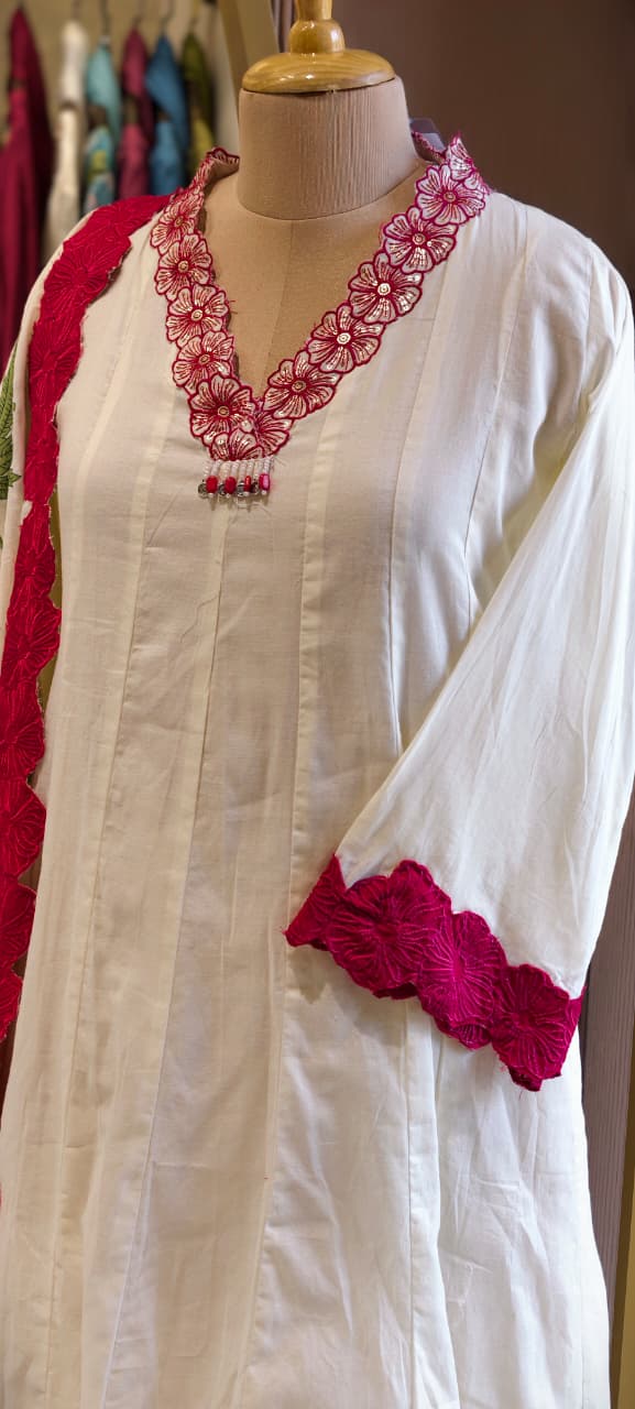 Premium Floral Embroidered Mul-Cotton Panel Anarkali Full Suit Set with Statement Lace Detailing & One Sided Applique Dupatta- 14553 RB336