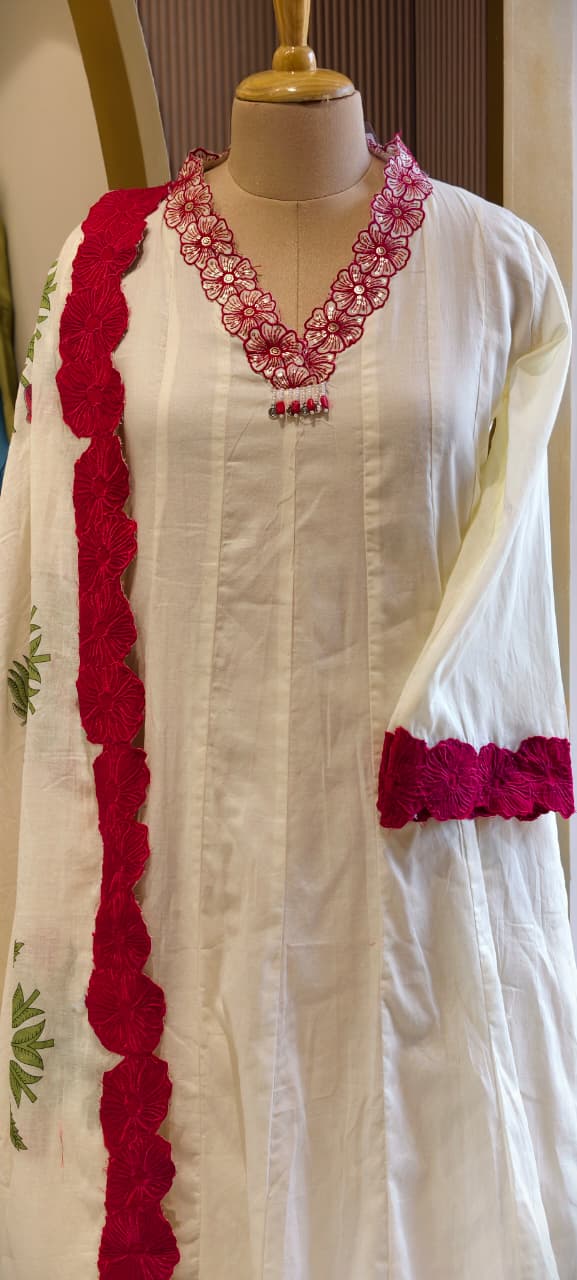 Premium Floral Embroidered Mul-Cotton Panel Anarkali Full Suit Set with Statement Lace Detailing & One Sided Applique Dupatta- 14553 RB336