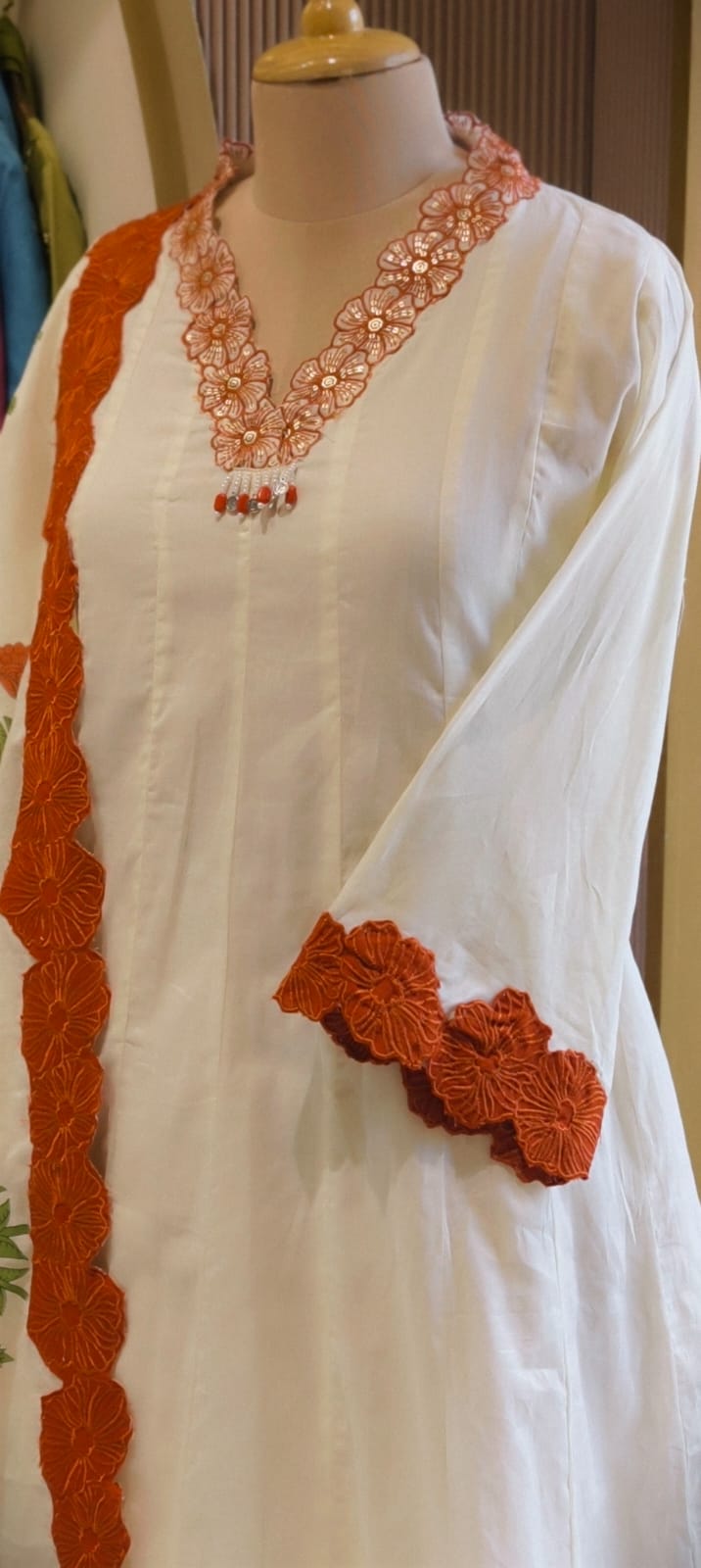 Premium Floral Embroidered Mul-Cotton Panel Anarkali Full Suit Set with Statement Lace Detailing & One Sided Applique Dupatta- 14553 RB336