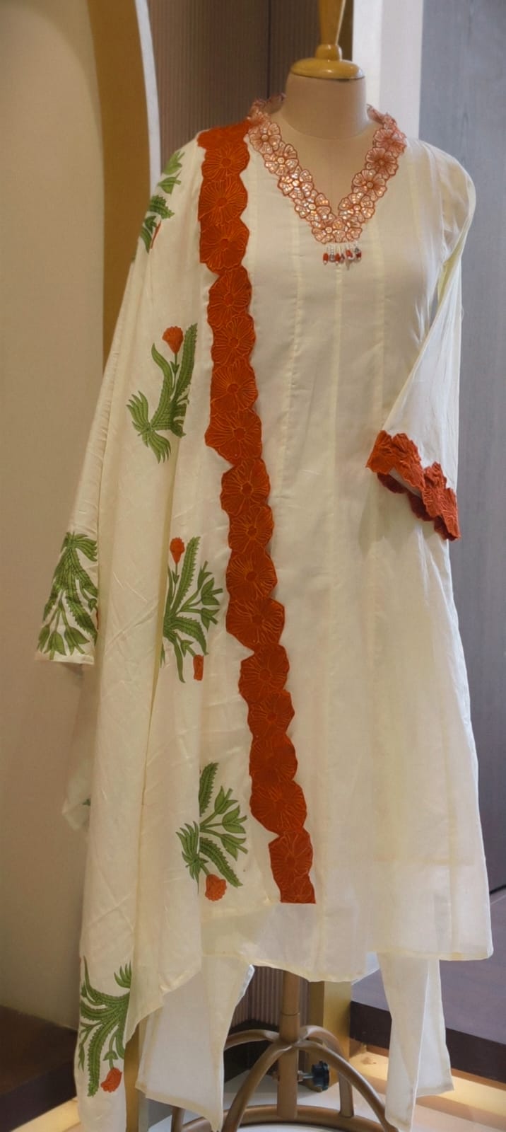 Premium Floral Embroidered Mul-Cotton Panel Anarkali Full Suit Set with Statement Lace Detailing & One Sided Applique Dupatta- 14553 RB336