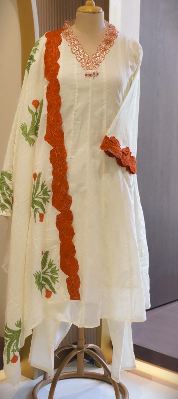 Premium Floral Embroidered Mul-Cotton Panel Anarkali Full Suit Set with Statement Lace Detailing & One Sided Applique Dupatta- 14553 RB336